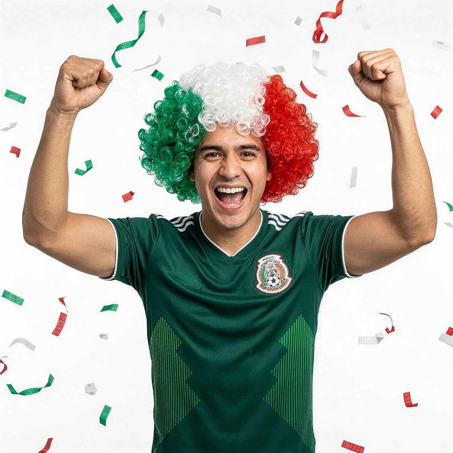 Mexico Flag Colored Afro Wig for Football Fans, 2026 World Soccer Championship Cup Apparel National Flag Costume Wigs for Men and Women Mexico Flag Green Red and White Wig for Football Games Parties