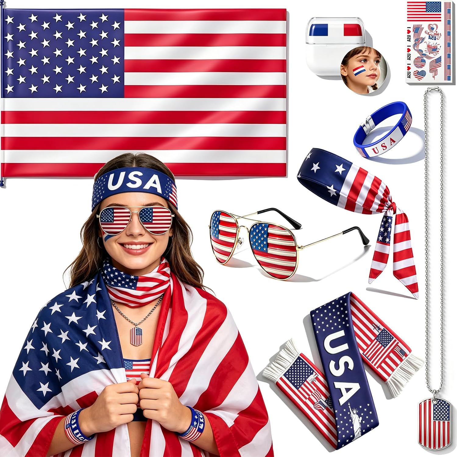 2026 World Soccer Sport Cup USA Fan Gear Kit - Patriotic Supporter Set for Game Day, Watch Parties & National Celebrations with American Flag Scarf,Headband,Wristbands,Face Paint,Necklace,Sunglasses