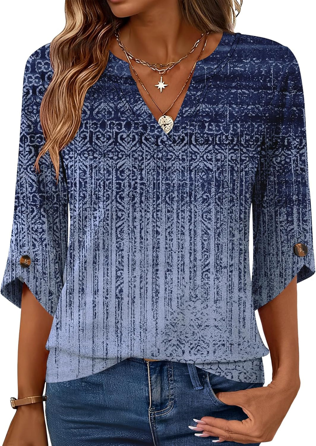 Womens 3/4 Length Sleeve Tunic Tops Casual V Neck Shirts Business Work Blouses Trendy Flowy Tees