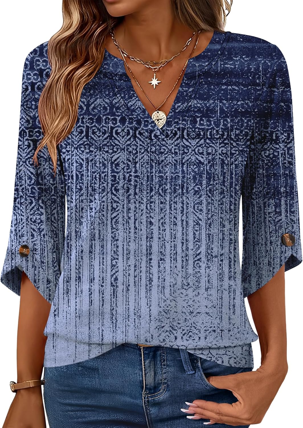 Womens 3/4 Length Sleeve Tunic Tops Casual V Neck Shirts Business Work Blouses Trendy Flowy Tees