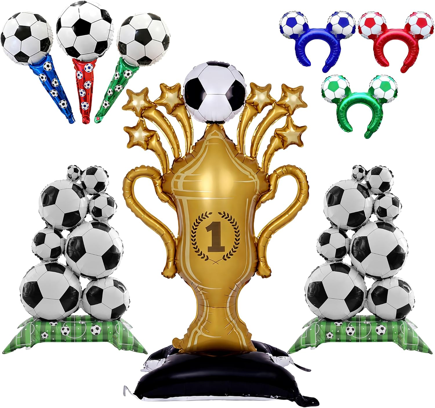 2026 World Soccer Party Decorations 21PCS Soccer Balloons Set with 59" Large Gold Trophy Balloon, Self-Standing Soccer Foil Balloons, Cheer Sticks and Headbands, Sports Theme Birthday Party Supplies