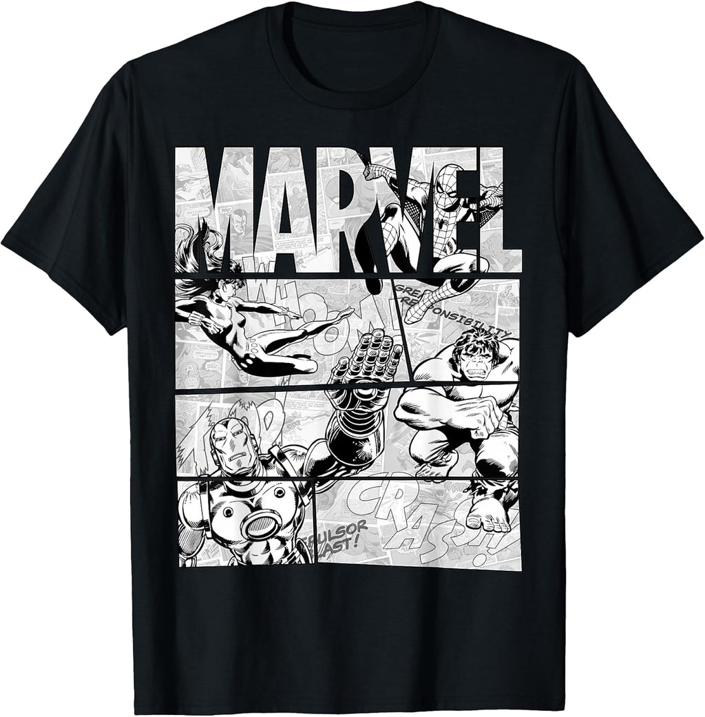 Avengers Retro Black and White Comic Graphic Short Sleeve T-Shirt
