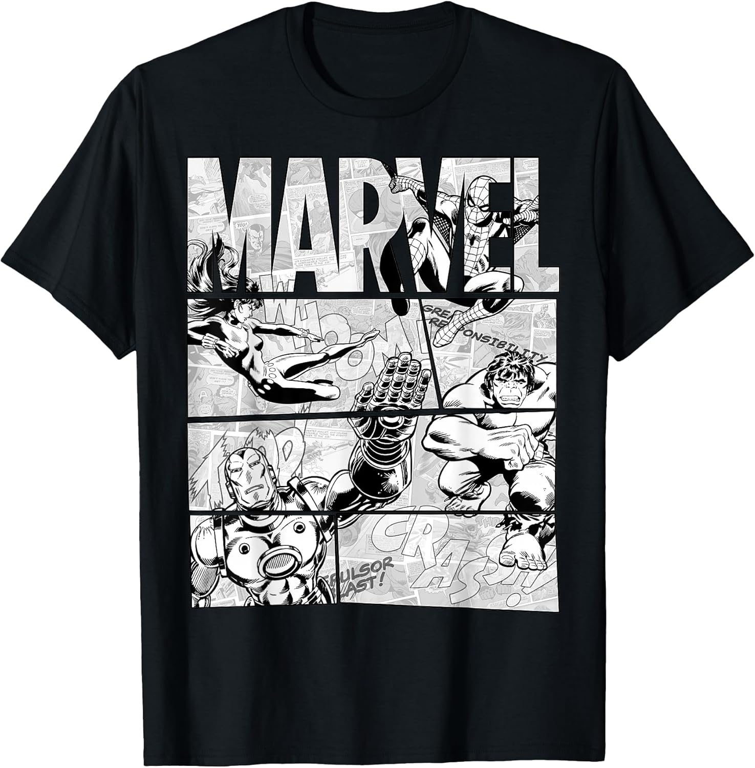 Avengers Retro Black and White Comic Graphic Short Sleeve T-Shirt