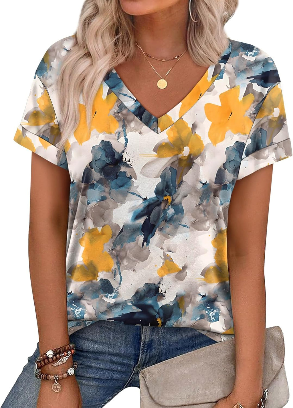 Womens T Shirts Short Sleeve Summer Tops Cute V Neck Casual Blouses