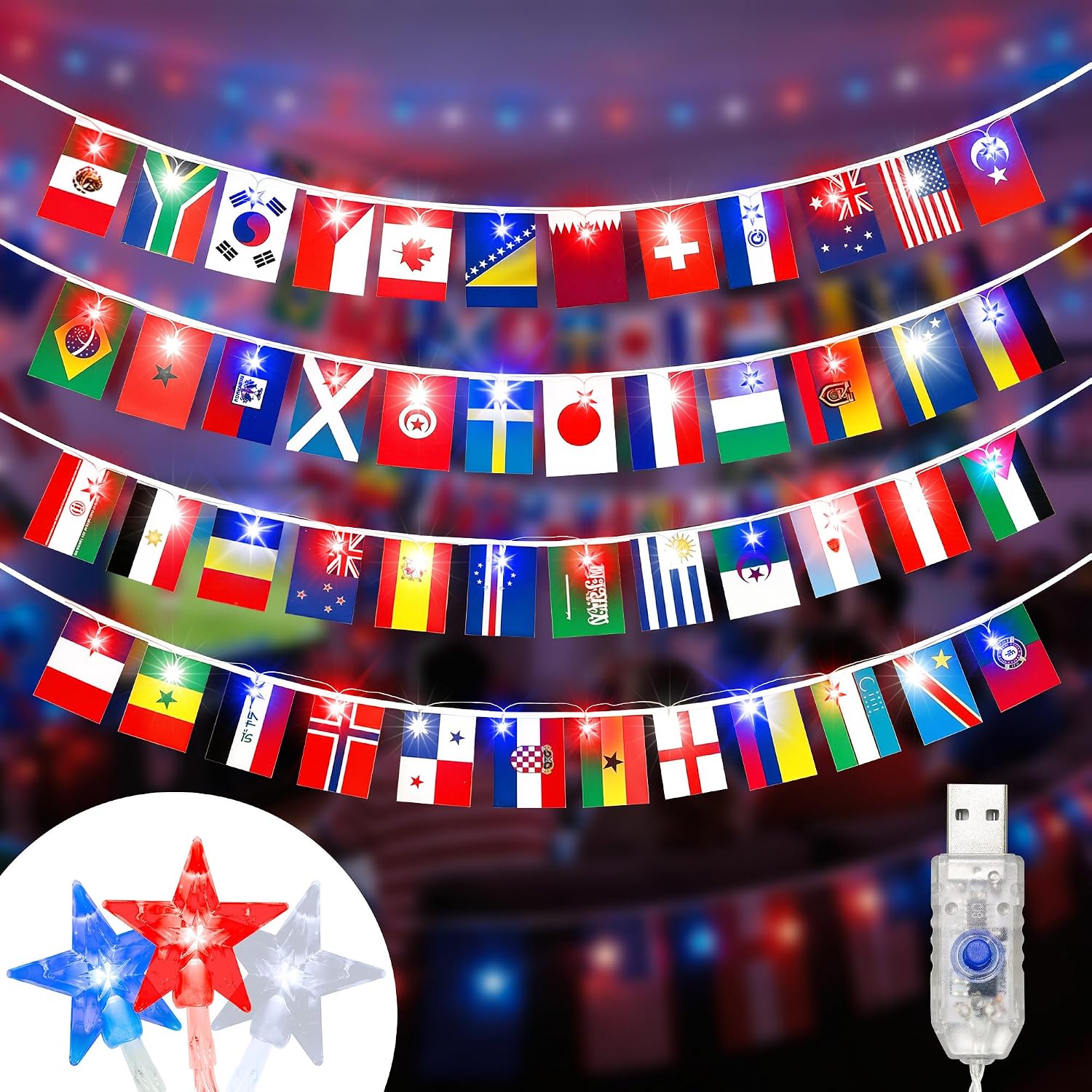 2026 World Cup Decorations String Lights, 49FT 75 LED Red White Blue Star Lights with 48 Country Flags, USB Powered Soccer Party Decor for World Cup, 4th of July, Sports Bar, Outdoor Indoor