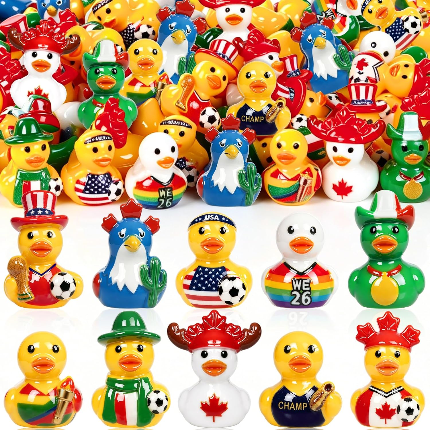 50PCS 2026 World Soccer Cup Mini Resin Ducks 10 Style Sports Theme Collectible Little Football Figures for Office Desk Shelf Decor Soccer Party Favors and Gifts for Sports Fans