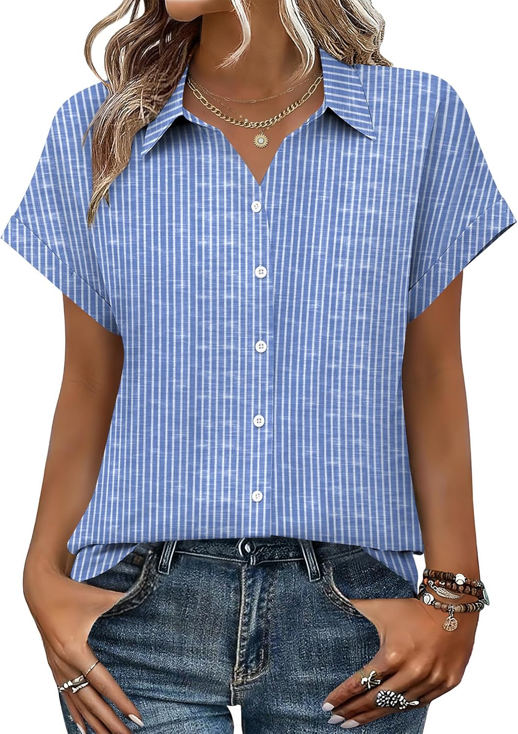 Womens Tops Short Sleeve Shirts Button Down Casual Blouses V Neck Outfits Summer Spring Clothes 2026