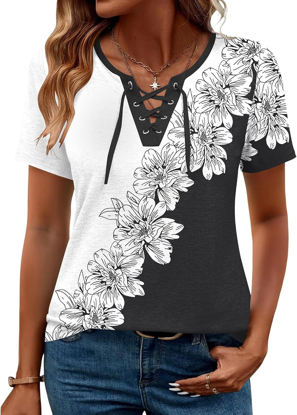 Womens Criss Cross Short Sleeve T-Shirts V-Neck Floral Summer Blouse Tops