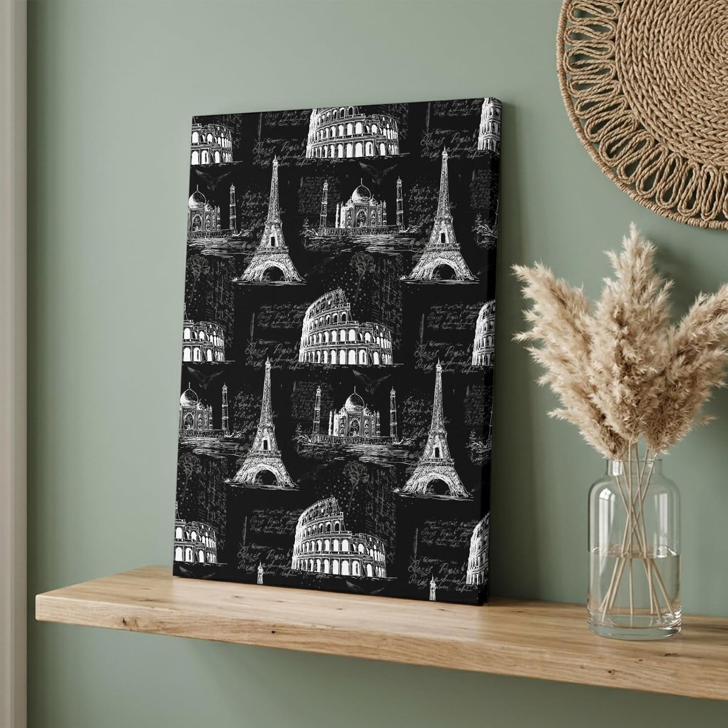 Black Architecture Canvas Wall Art for Living Room, Retro Classic Black White City Poster Print Painting for Bedroom Office Home Decoration Wall Pictures Prepare To Hang 20"x24"