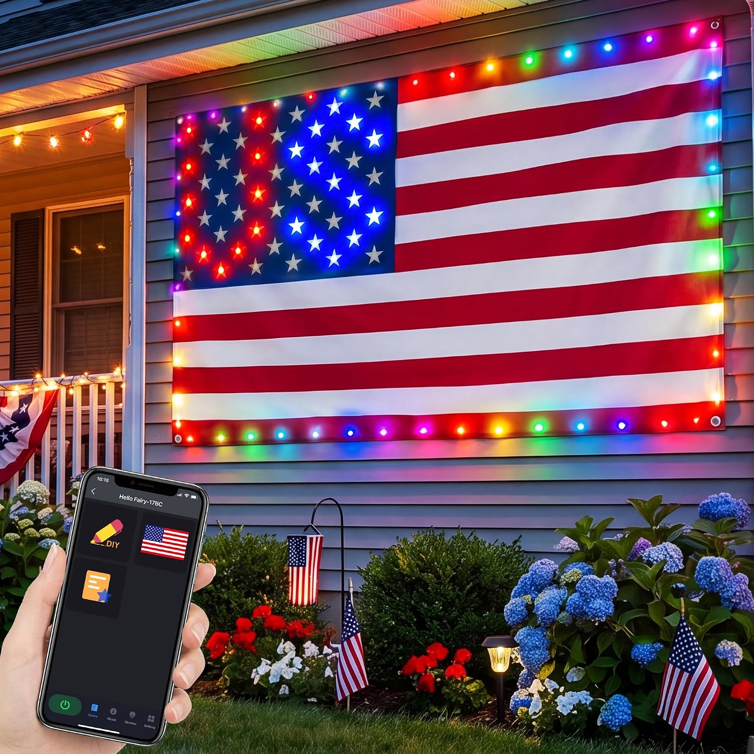 Avatar Controls Smart Lighted American Flag 3x5 FT - App Control LED Patriotic Wall Decor with Music Sync & Timer, USA Flag Lights for 4th of July, World Cup & 250th Anniversary Decorations (1 Side)