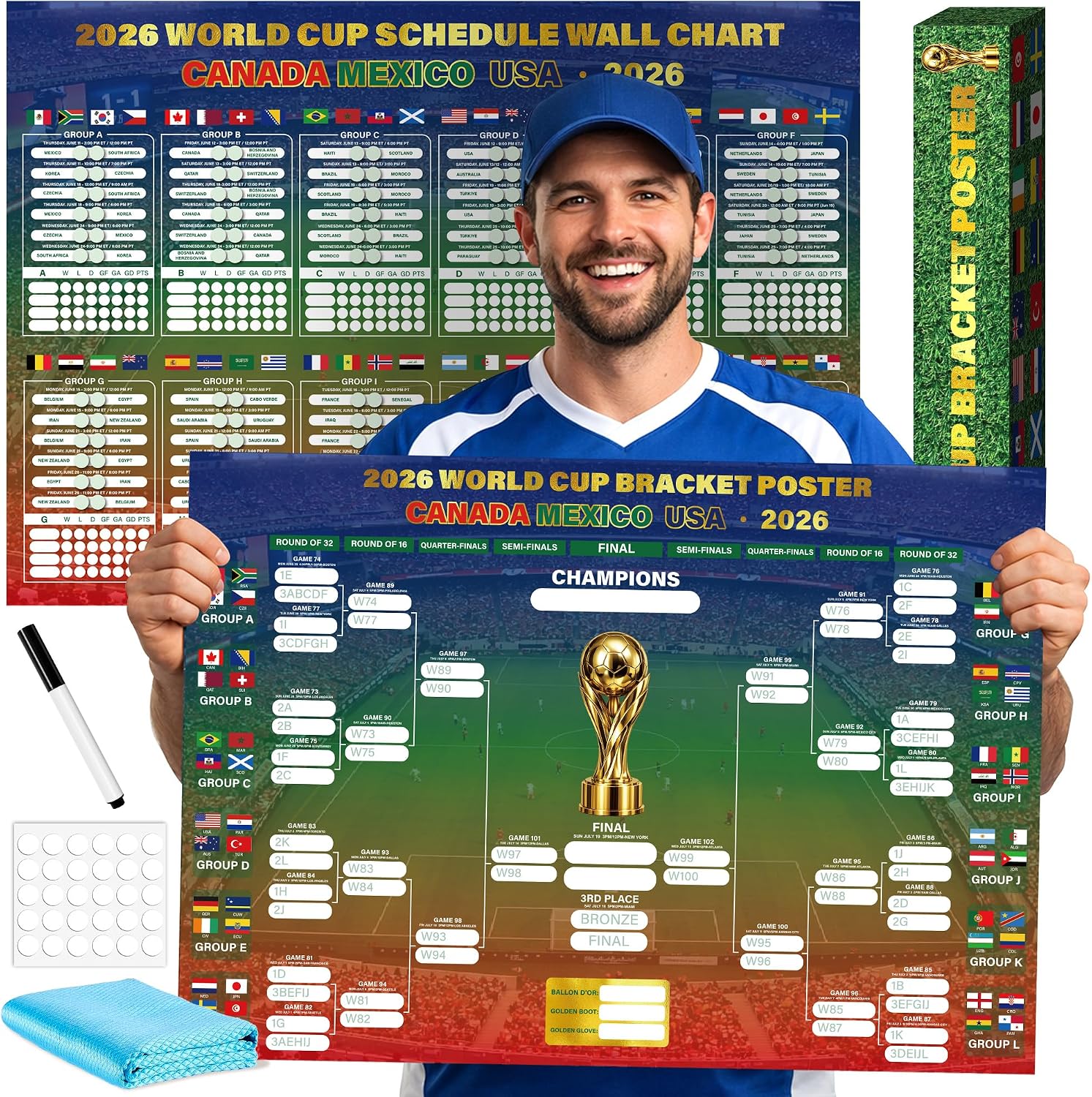 HiFulerr World Cup Bracket Poster 2026 (2 Pieces) – 16.5×23 inch Soccer Tournament Wall Chart with Dry Erase Marker & Cloth, Knockout Schedule Poster, Fan Gift & Party Decorations