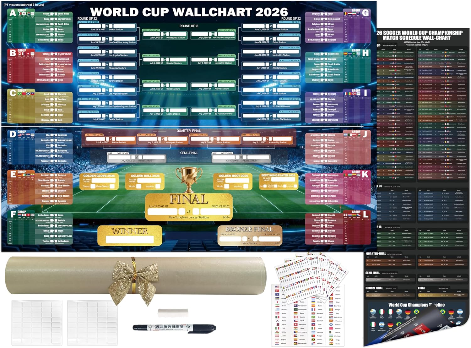 Large Size 2026 World Cup Wall Chart Poster Gift Set, 3 PCS Double-Sided PVC Dry Erase Soccer Schedule Posters,Includes Erasable Marker, Eraser, 48 Team Stickers & No-Drill Mounting Tabs, Group Stage Tracker & Knockout Bracket for Home Office Fan Decor