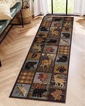 Rustic Cabin Bear Runner Rug, 2x10ft, Lodge Wildlife Bear Moose Area Rug Animals Plants Maple Leaf Print Carpet, Country Style Floor Mats Washable Hallway Rugs Non-Slip Entrance Runner Floor Carpet