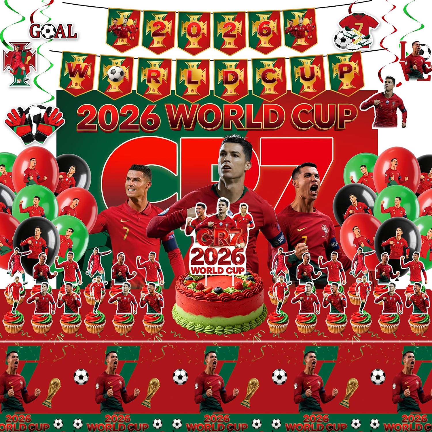 World Cup 2026 Ronaldo Birthday Party Decorations, 71"x43"Tablecloth, 60"x40"Backdrop,14 Banners, 18 Balloons, 1 Big Cake Topper, 24 Cupcake Toppers, Fan's Complete Party Gift Set