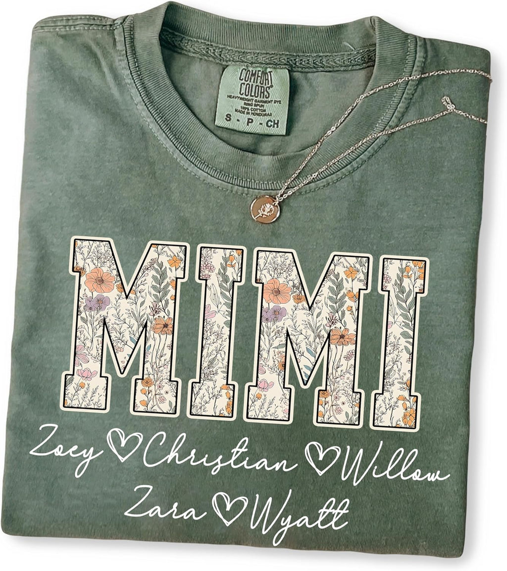 Personalized Floral Mama Grandma Shirt with Kids Name, Custom Gifts for Mom Grandma, Mother’s Day Shirt for Women