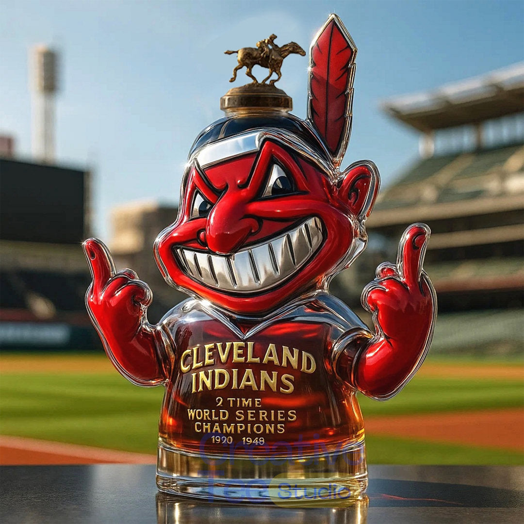 Cleveland Indians Chief Wahoo 2-Time World Series Champions Whiskey Bottle