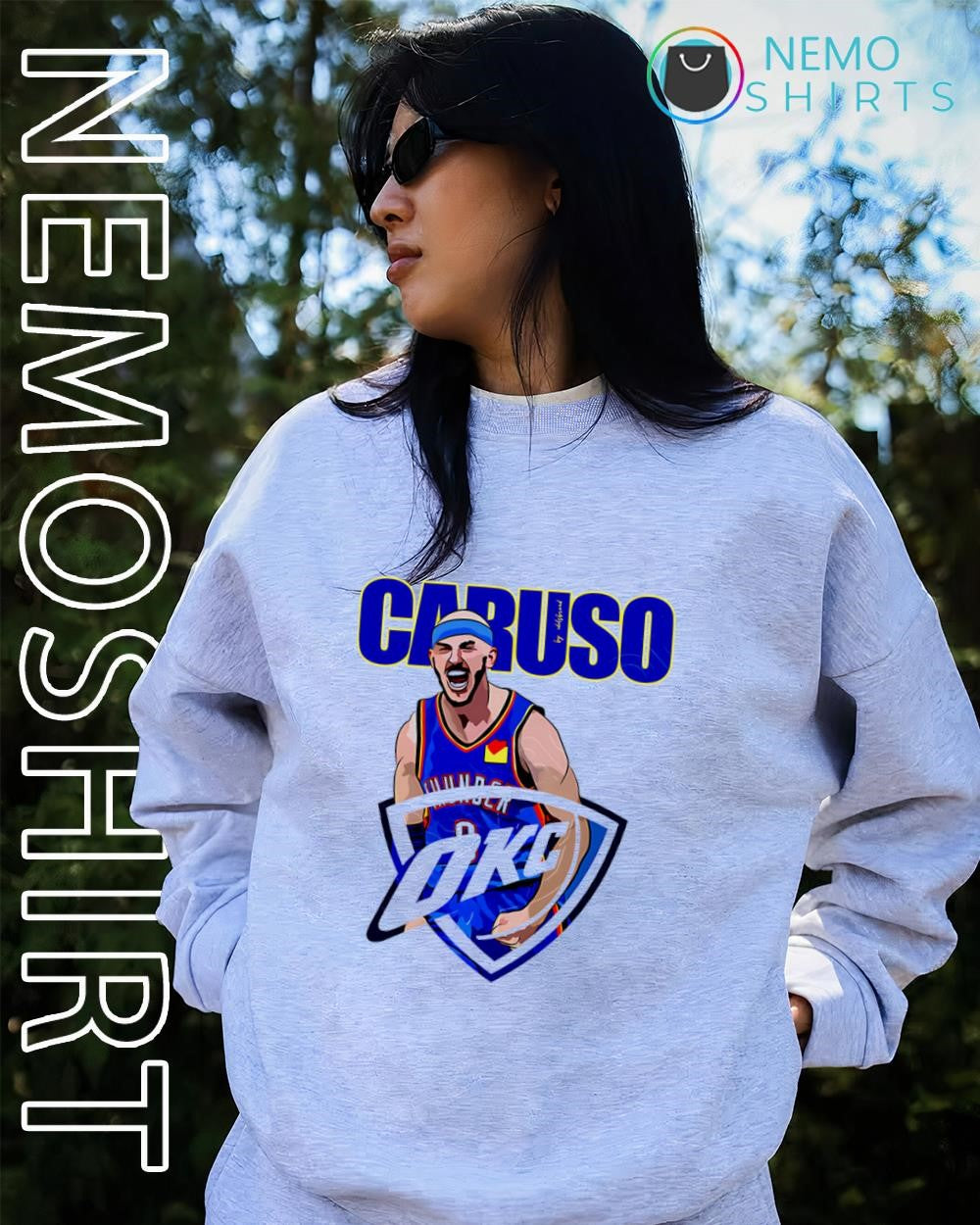 Alex Caruso in an Oklahoma City Thunder jersey superimposed logo shirt