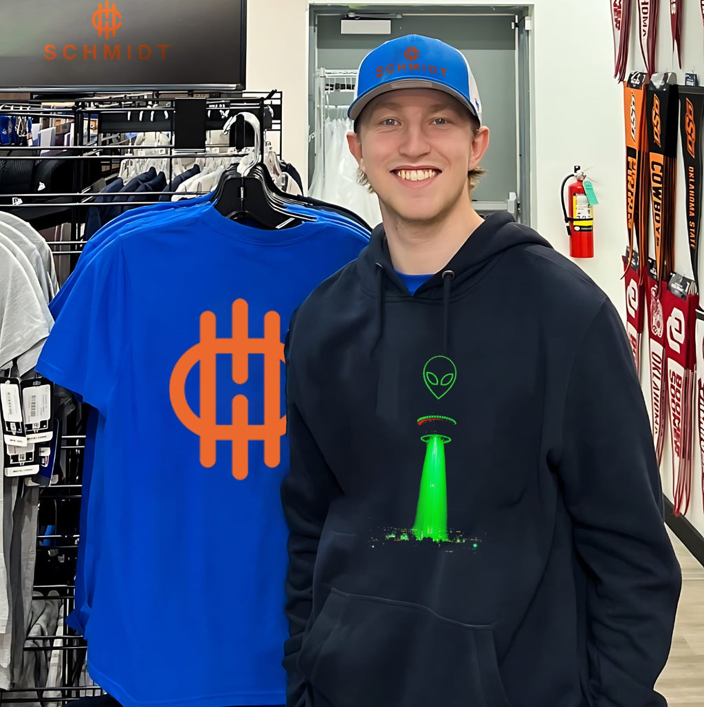 Alien UFO beaming down on city graphic shirt