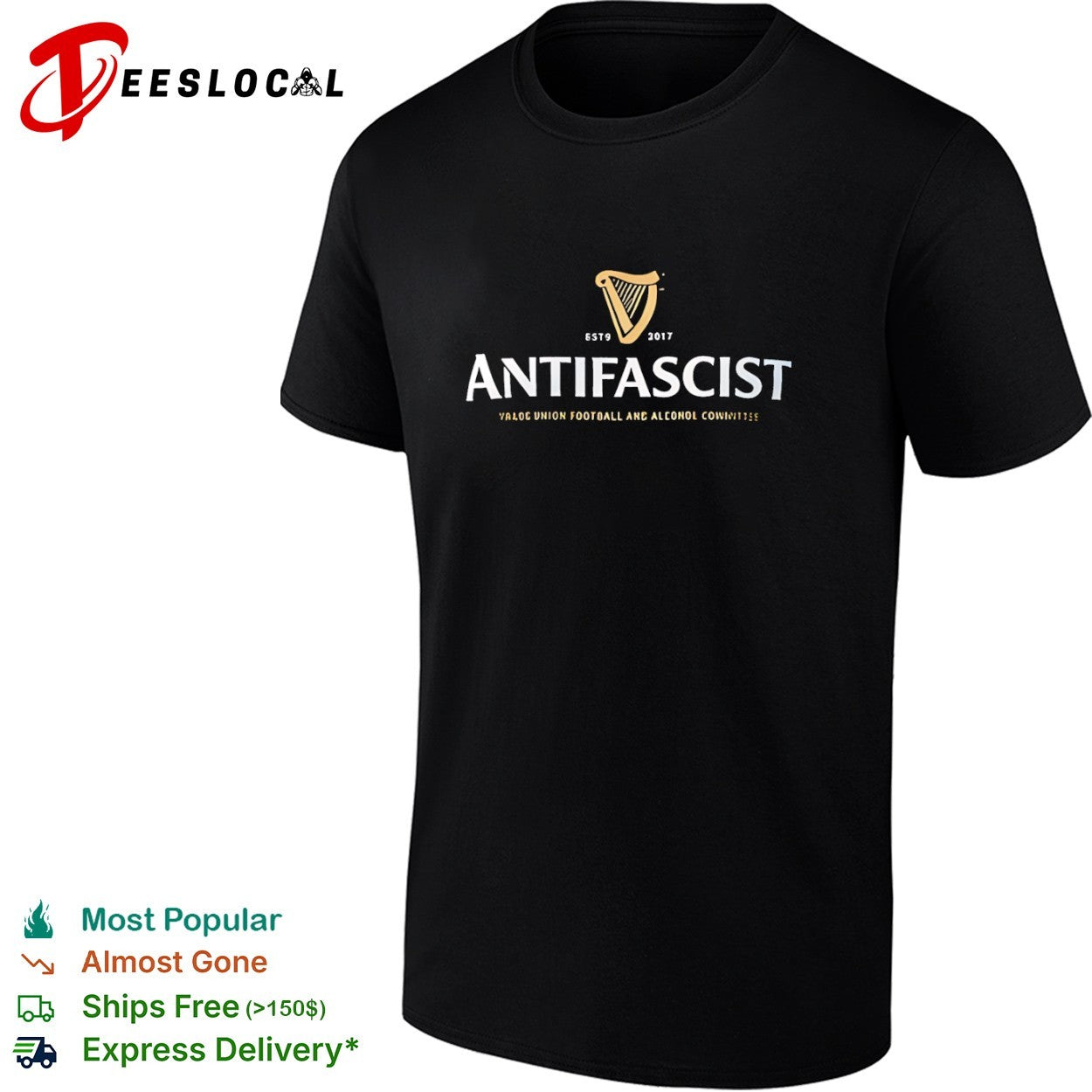 Antifascist trade union football and alcohol committee harp logo shirt