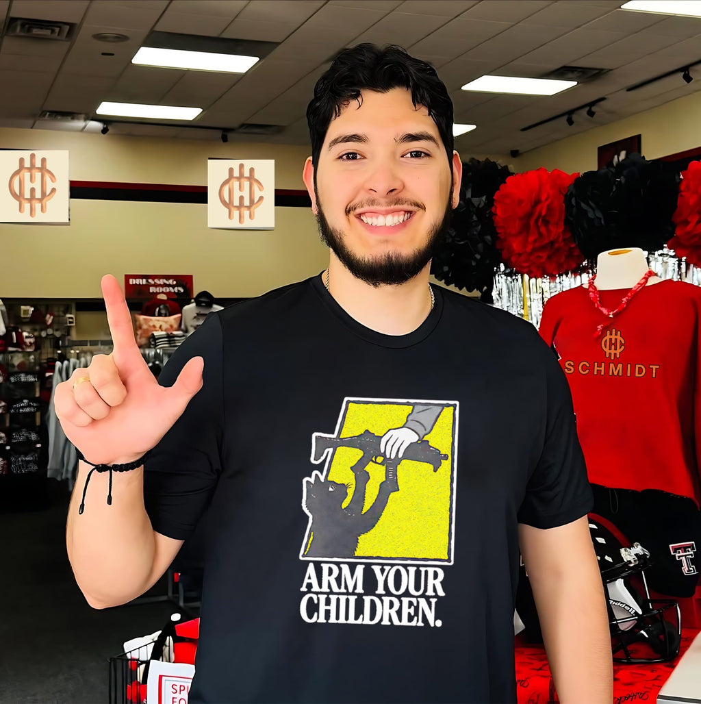 Arm Your Children Black Cat with Gun satire shirt