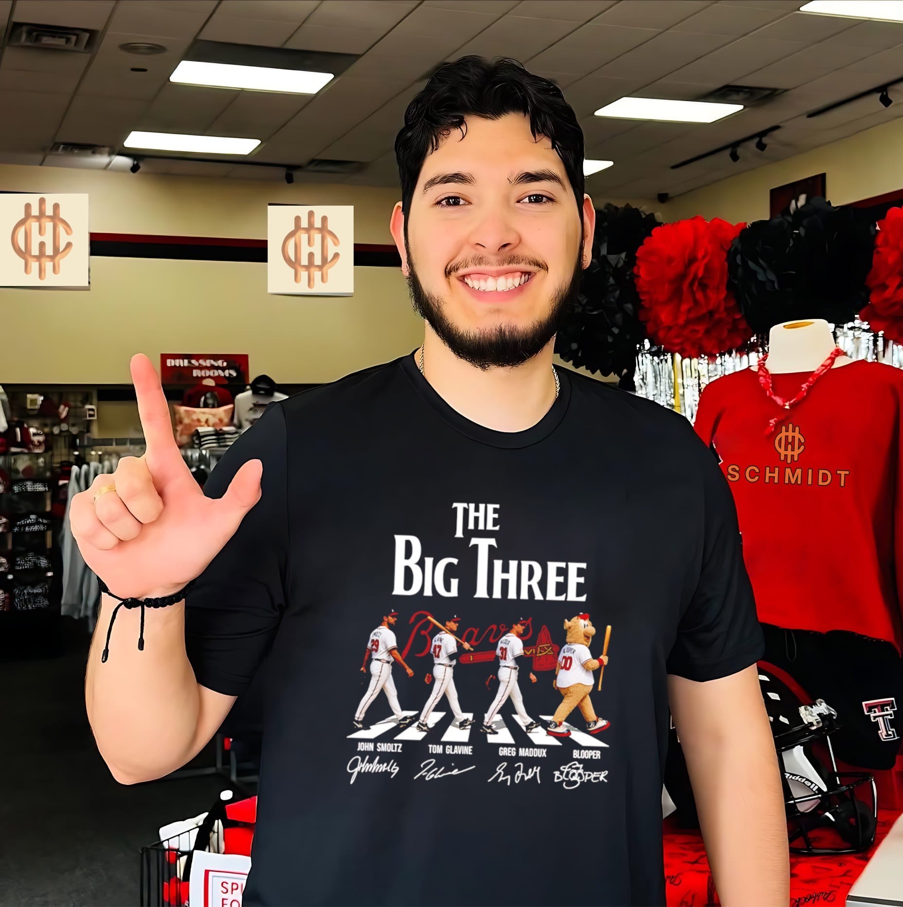 Atlanta Braves The Big Three John Smoltz Tom Glavine Greg Maddux and Blooper shirt