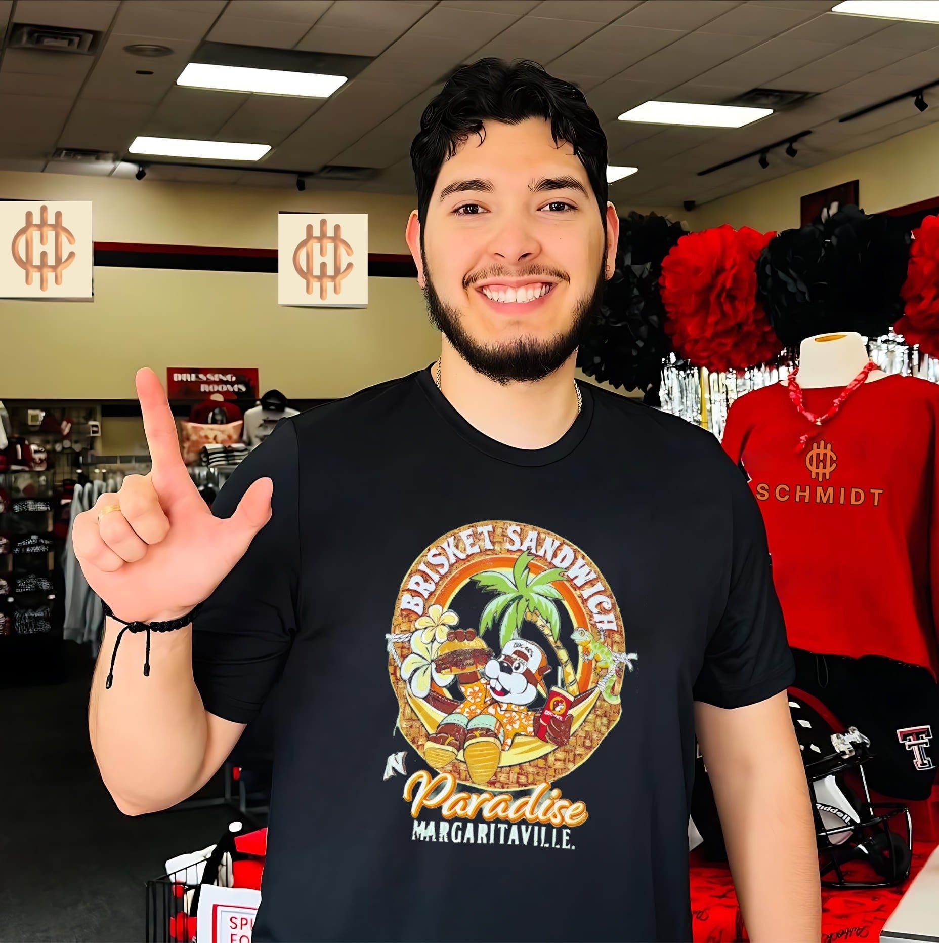 Brisket sandwich in paradise Margaritavilla Buc-ee’s shirt