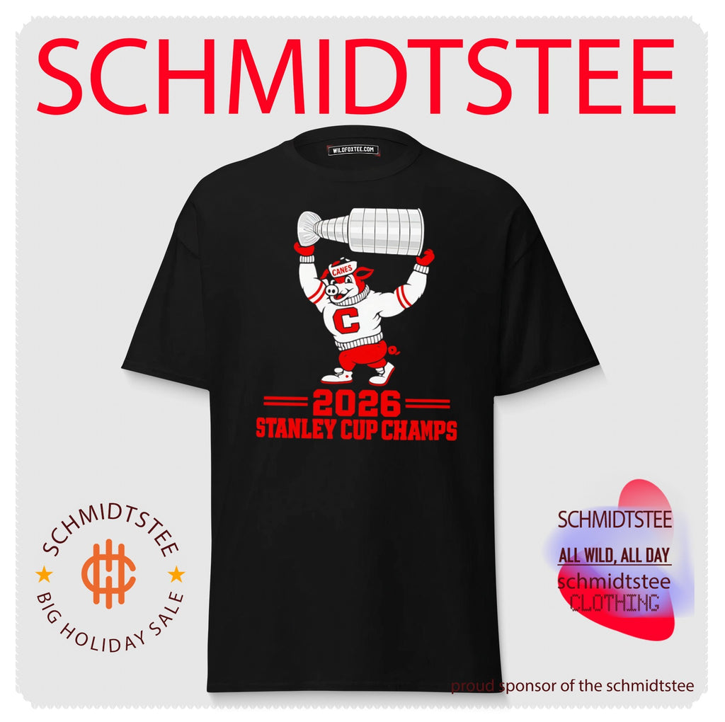 Carolina Hurricanes 2026 Stanley Cup Champs mascot raising trophy shirt