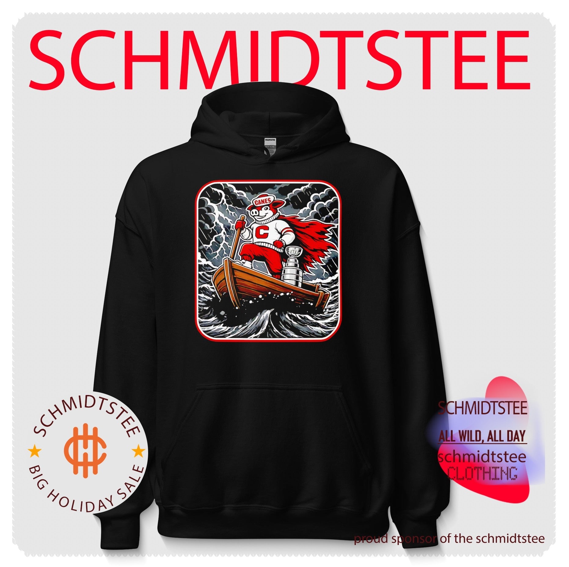 Carolina Hurricanes mascot on boat with Stanley Cup 2026 Champions shirt