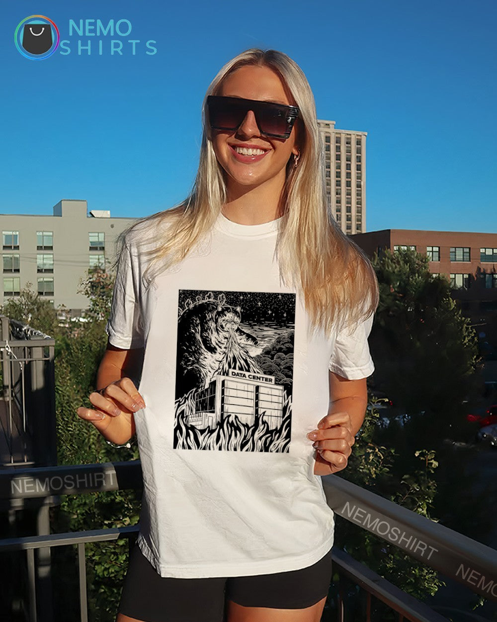 Catzilla destroying Data center graphic shirt