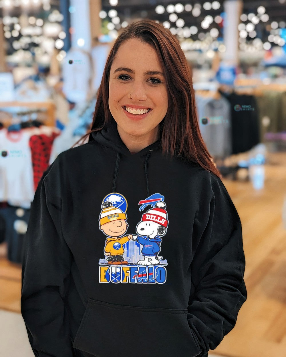 Charlie Brown and Snoopy Buffalo Sabres and Buffalo Bills city skyline shirt