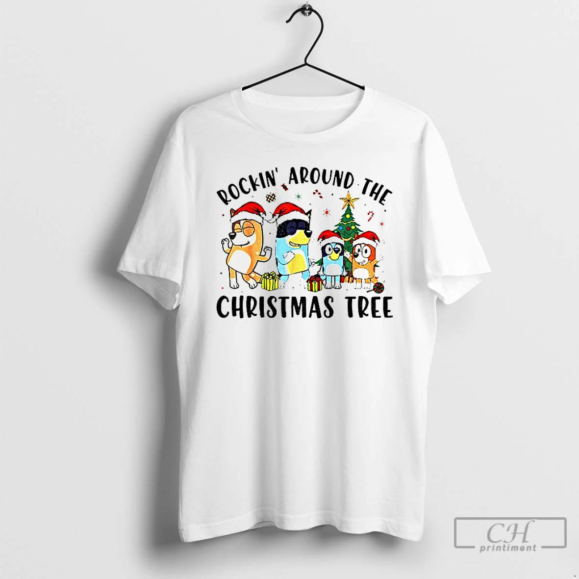Classic Bluey Family Rockin Around The Christmas Tree Shirt Hoodie Sweatshirt | PurePodTees.com