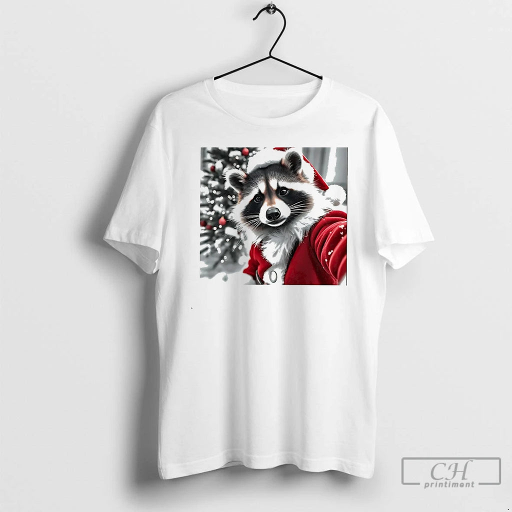 Classic Christmas Raccoon Selfie Santa Suit Holiday Photo Frame White T Shirts Hoodie Sweatshirt | PurePodTees.com