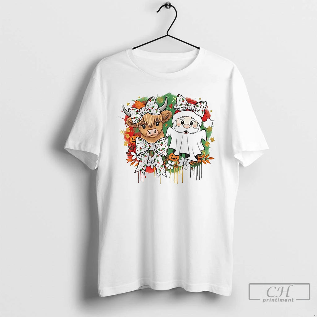 Classic Cow And Santa Ghost Christmas Wreath T Shirts Hoodie Sweatshirt | PurePodTees.com