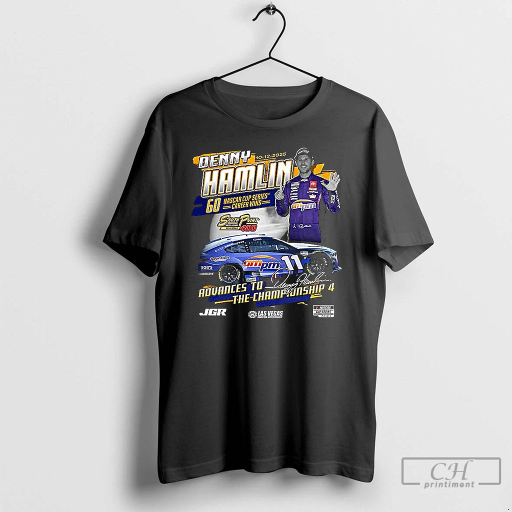 Classic Denny Hamlin Checkered Flag Sports 2025 South Point 400 Race Winner Signature T Shirts