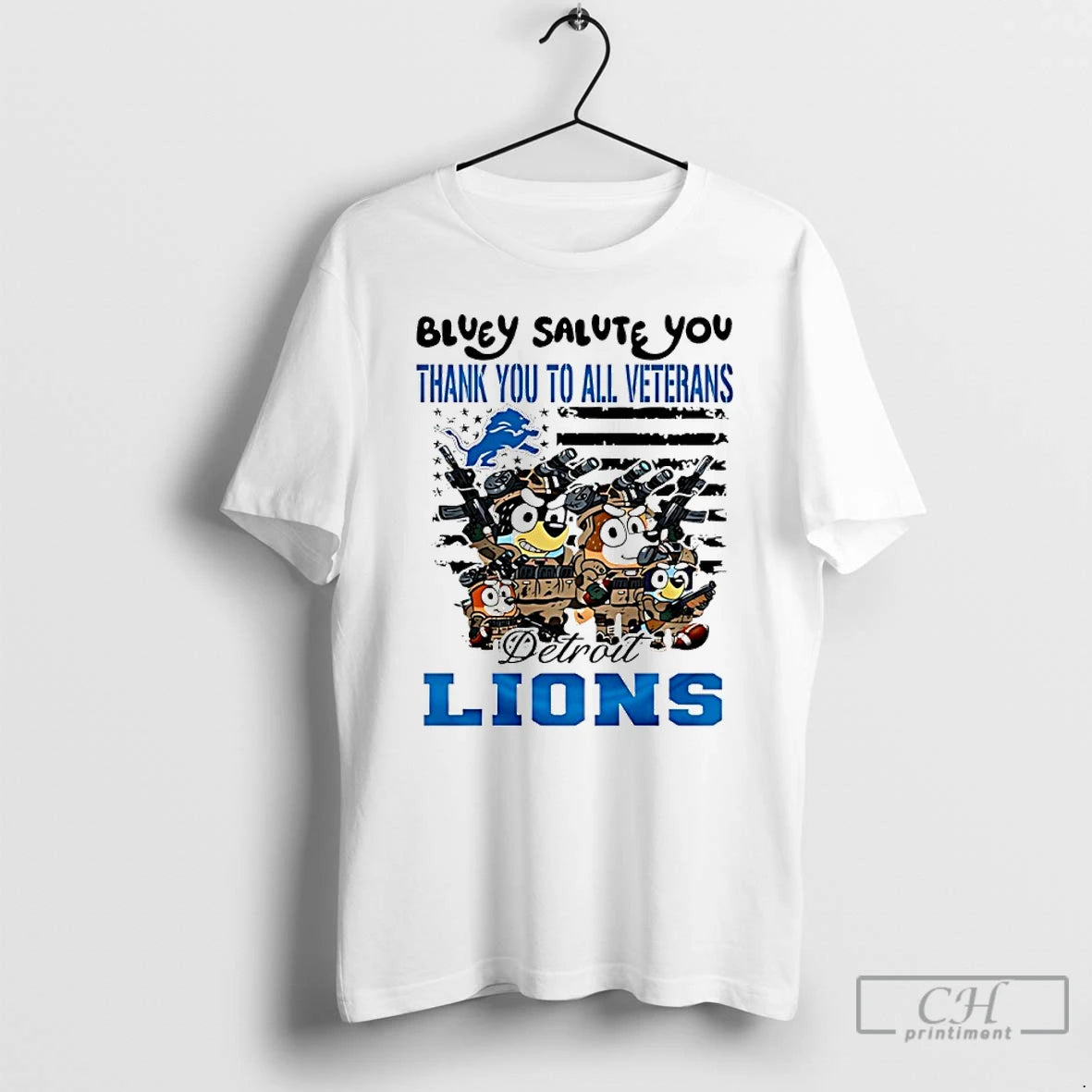Classic Detroit Lions Bluey Salute You Thank You To All Veterans T Shirts Hoodie Sweatshirt | PurePodTees.com