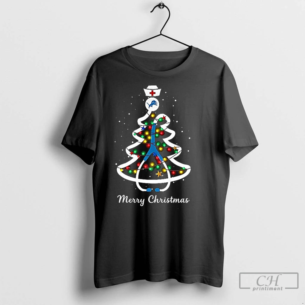 Classic Detroit Lions Christmas Tree Stethoscope Merry Christmas Shirt Hoodie Sweatshirt | PurePodTees.com