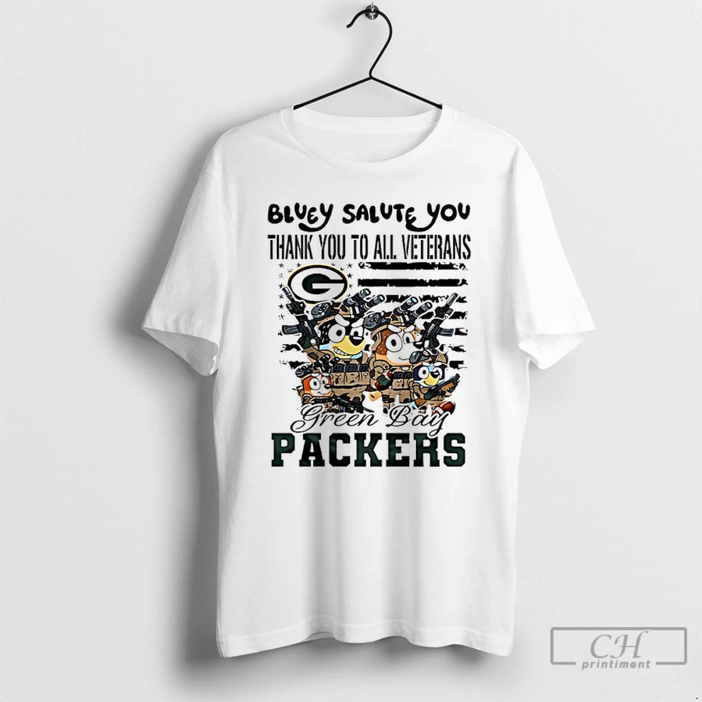 Classic Green Bay Packers Bluey Salute You Thank You To All Veterans T Shirts Hoodie Sweatshirt | PurePodTees.com