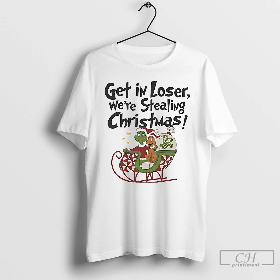 Classic Grinch Santa Sleigh Get In Loser Stealing Christmas T Shirts Hoodie Sweatshirt | PurePodTees.com