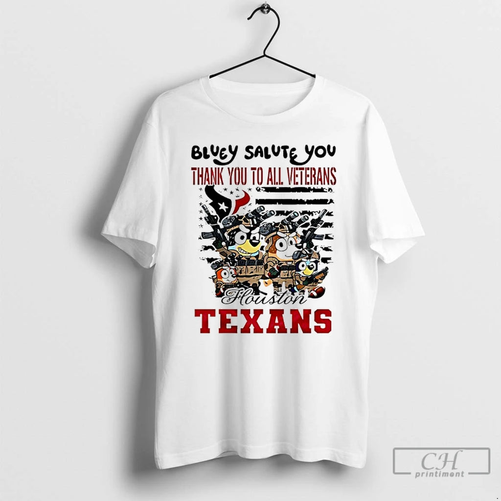 Classic Houston Texans Bluey Salute You Thank You To All Veterans T Shirts Hoodie Sweatshirt | PurePodTees.com