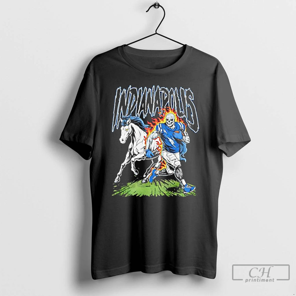 Classic Indianapolis Colts Football Skeleton Player With Horse Graphic T Shirts