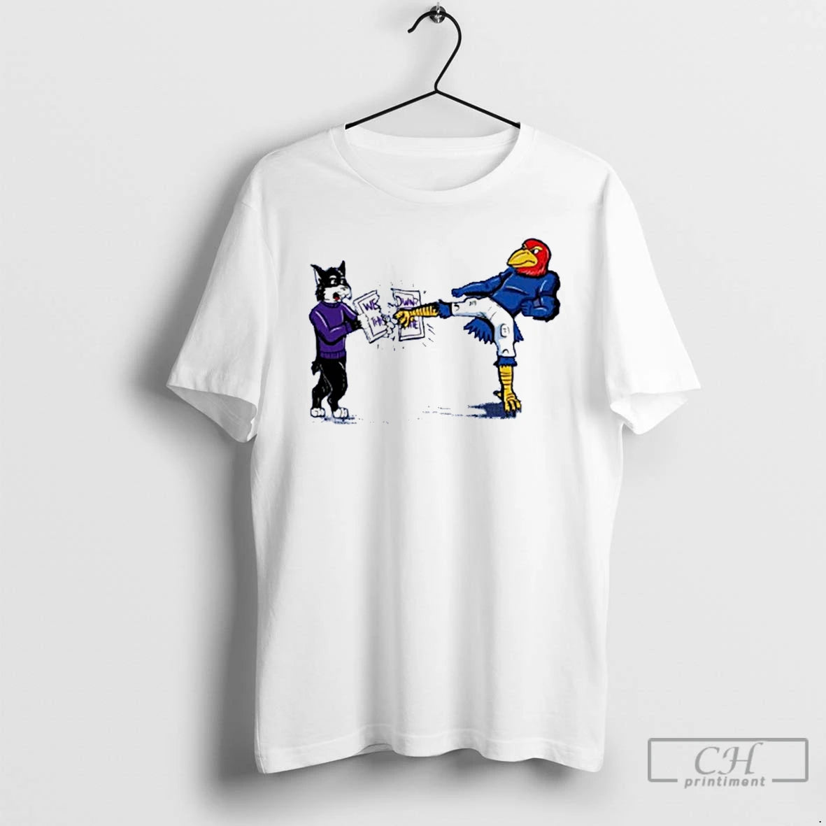 Classic Kansas Jayhawk Mascot Kicking A We Sign Kansas State T Shirts Hoodie Sweatshirt | PurePodTees.com