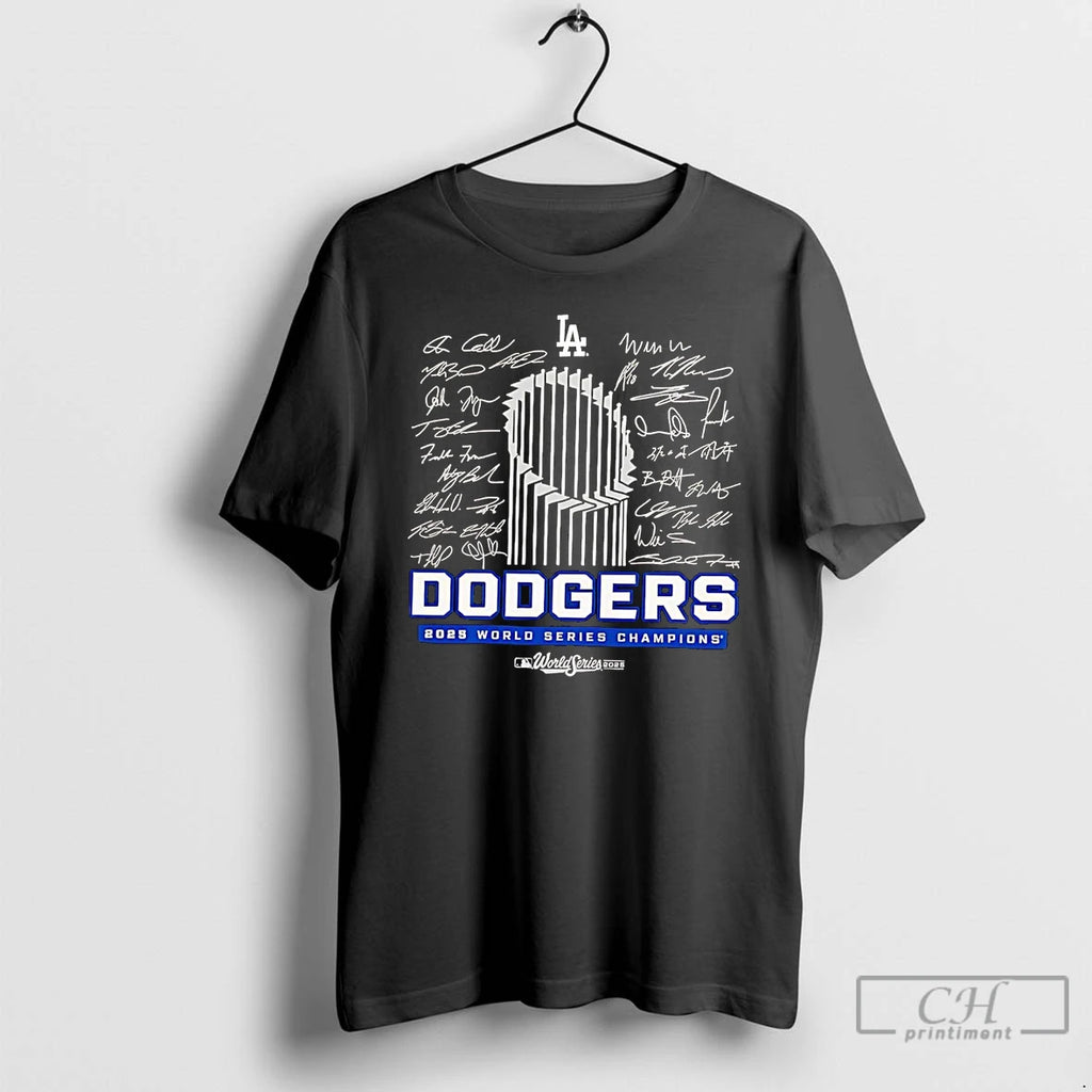 Classic La Dodgers 2025 World Series Champions Signatures Trophy T Shirts Hoodie Sweatshirt | PurePodTees.com