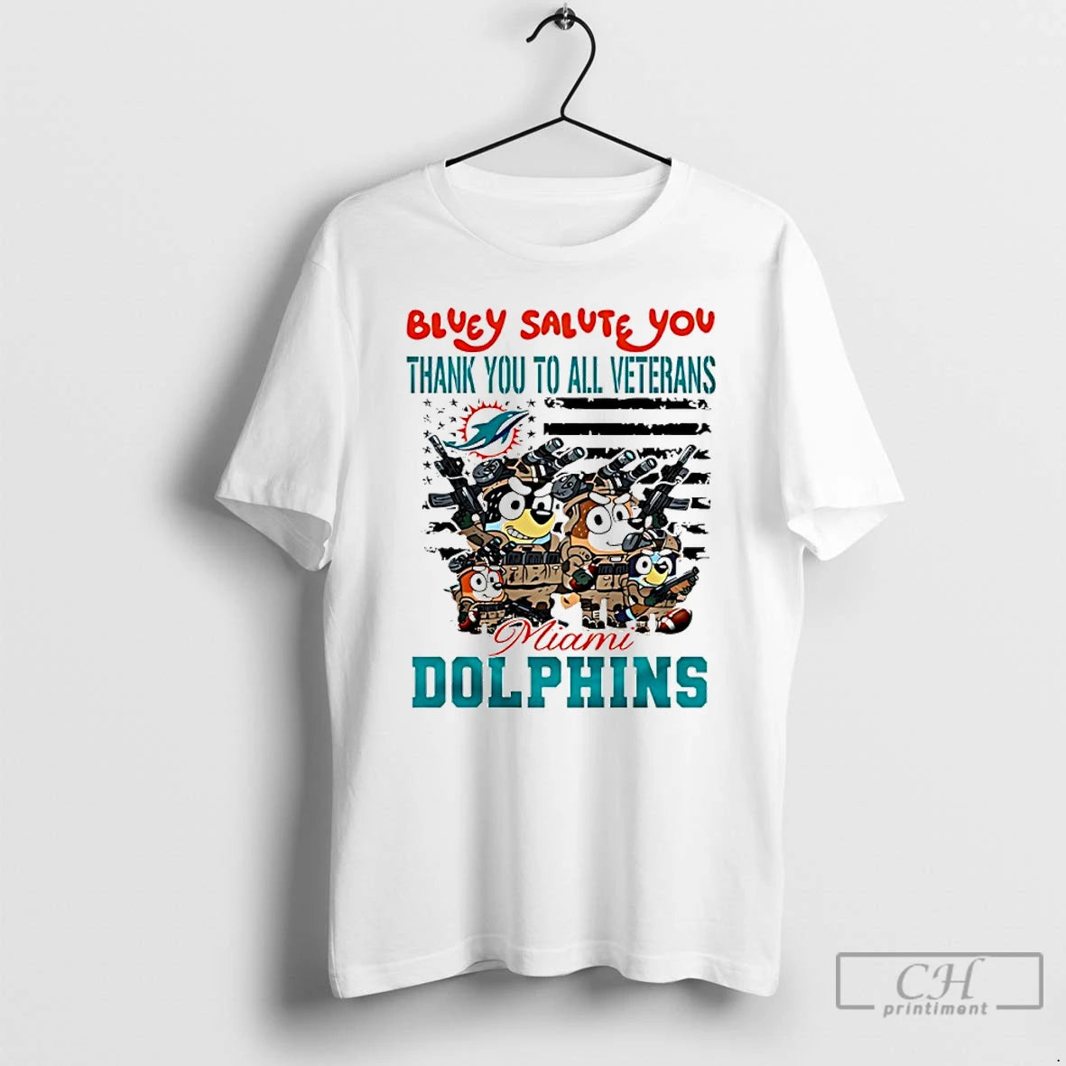 Classic Miami Dolphins Bluey Salute You Thank You To All Veterans T Shirts Hoodie Sweatshirt | PurePodTees.com