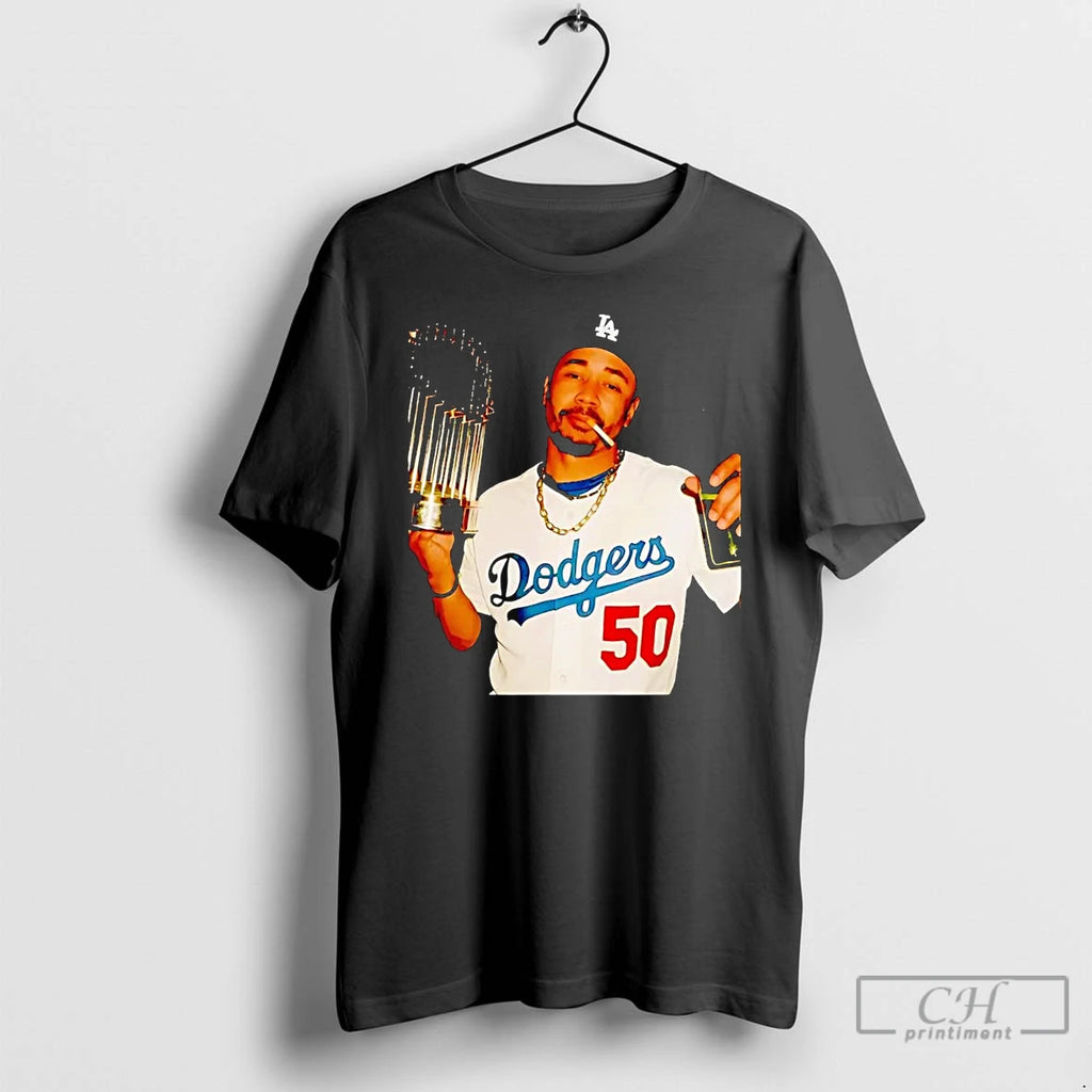 Classic Mookie Betts Smoking Trophy 2025 Dodgers Champion T Shirts Hoodie Sweatshirt | PurePodTees.com