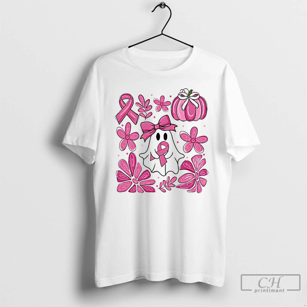 Classic Pink Ghost Breast Cancer Boho Pumpkin Coquette Floral Breast Cancer Halloween T Shirts