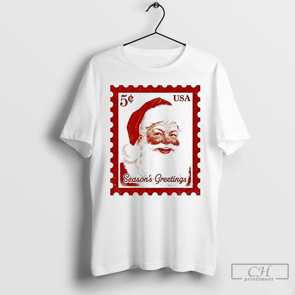 Classic Santa Stamp Seasons Greetings Usa Chirstmas T Shirts