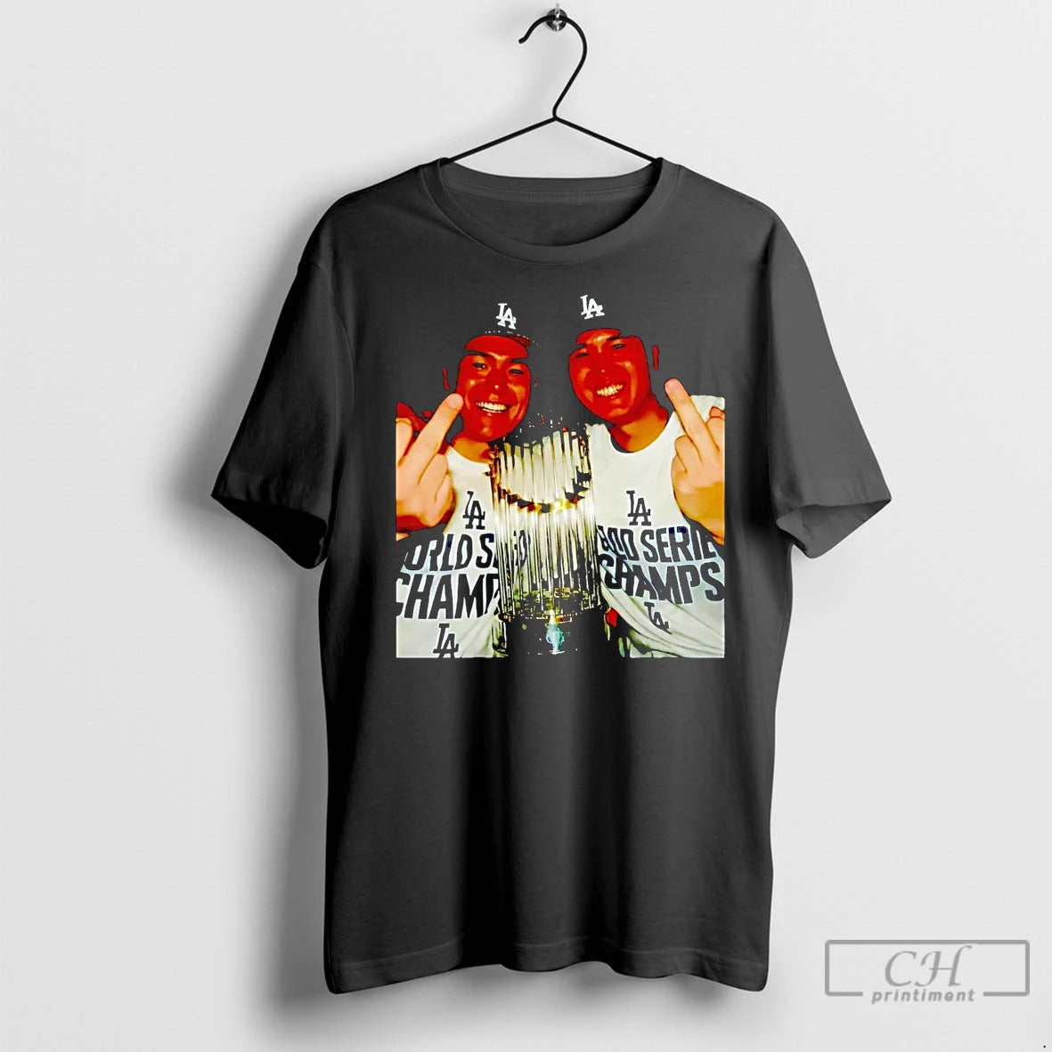 Classic Shohei Ohtani And Yoshinobu Yamamoto Middle Finger Trophy Dodgers Champions Shirt Hoodie Sweatshirt | PurePodTees.com