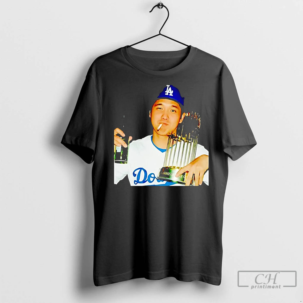 Classic Shohei Ohtani Smoking Trophy 2025 Dodgers Champion Shirt Hoodie Sweatshirt | PurePodTees.com