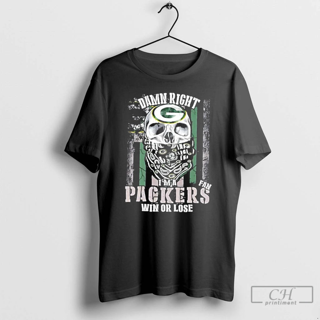 Classic Skull Damn Right Im A Green Bay Packers Fan Win Or Lose Us Flag Shirt Hoodie Sweatshirt | PurePodTees.com
