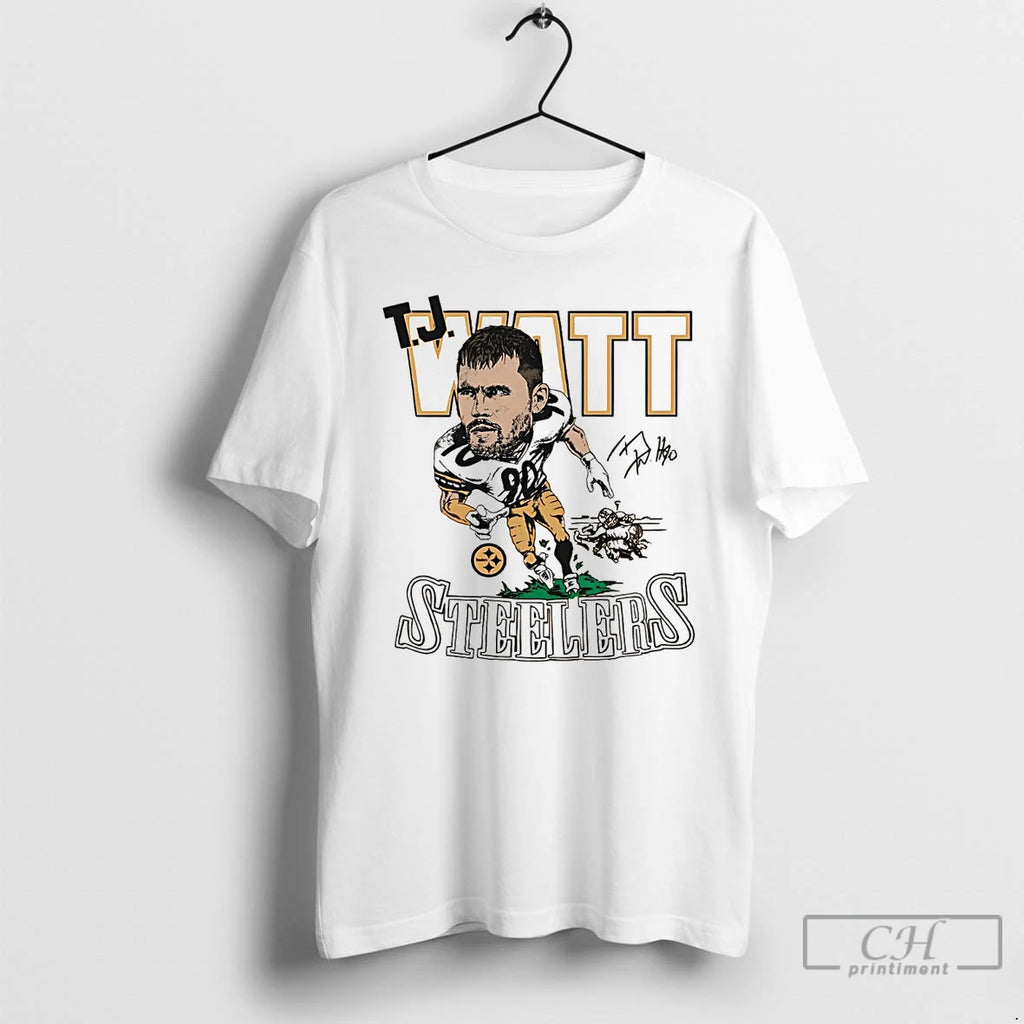 Classic T J Watt Big Head Caricature Steelers Signature T Shirts